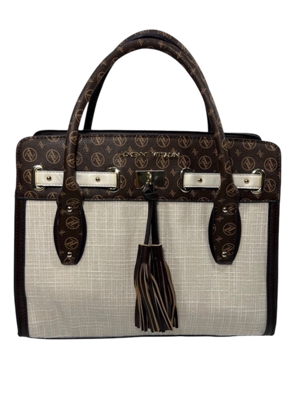 Adrienne Vittadini Brown Vegan Leather and Cream Linen Medium Handbag